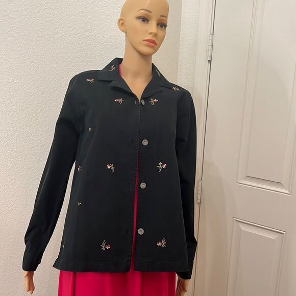 Denim & Co Black Jacket Size Small Flower Appliqué - Picture 1 of 13